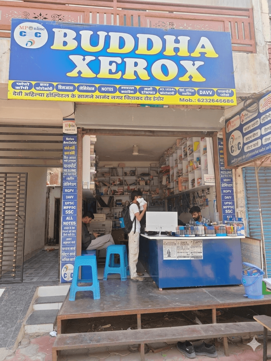 Buddha Xerox exterior view with MPOnline and CSC signboards